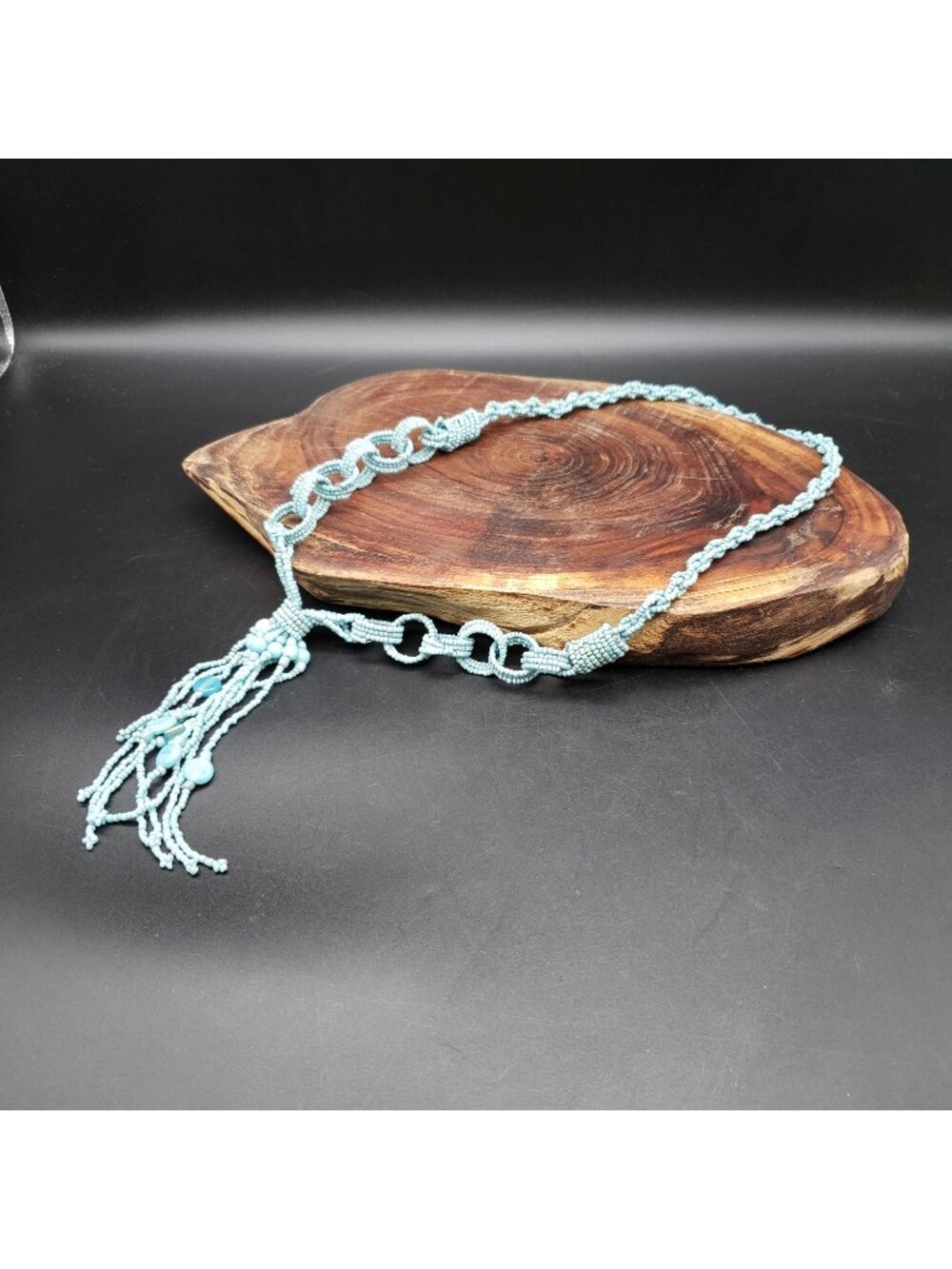 Vintage Turquoise Blue Seed Bead Necklace Long Tassel Statement 26" Boho